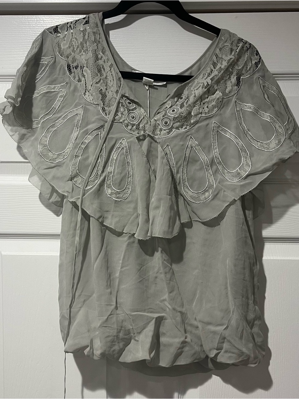 Lace Yoke Ruffle Blouse in Sage Green